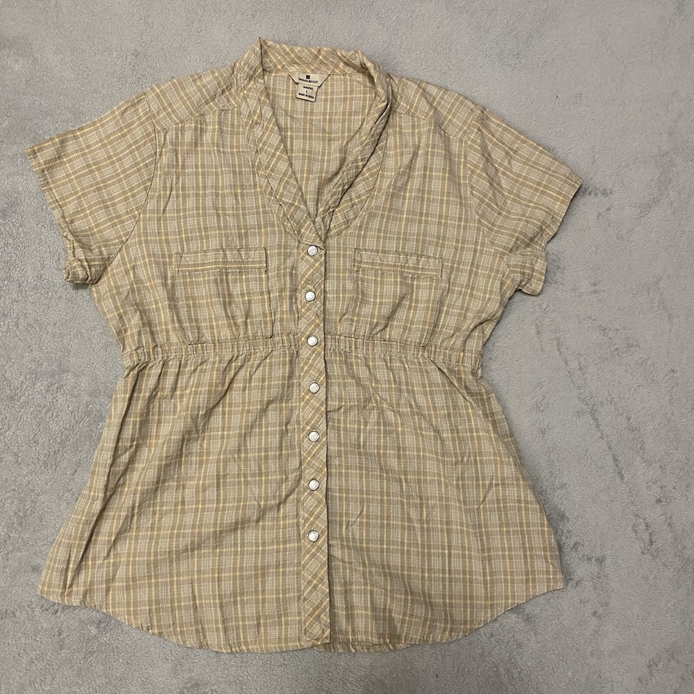Woolrich Shirt Women's Small Tan Plaid Button Up Top Pearl Snap Country Cowboy